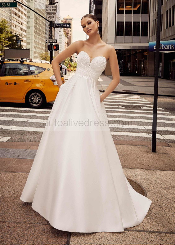 Strapless Ivory Pleated Satin Beaded Wedding Dress With Pockets